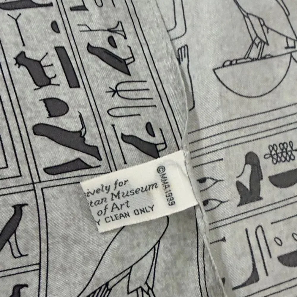 Metropolitan Museum of Art Egyptian Hieroglyph Silk Scarf 21x21 Gray Vintage